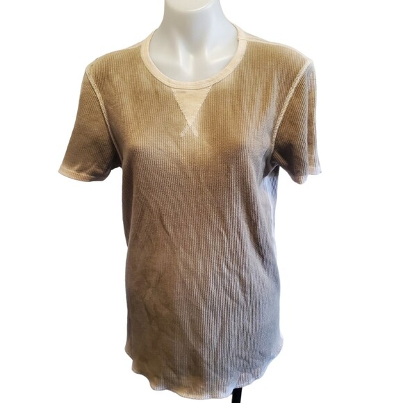 Saks Fifth Avenue Waffle Knit Thermal Beige Brown Tie Dye Ombre Y2K T-Shirt Med - Picture 1 of 7